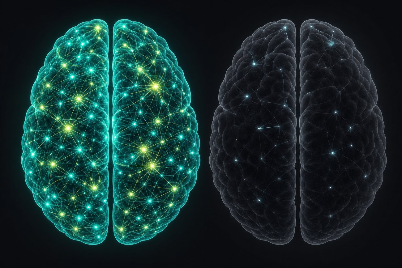 Two brains compared: densely connected and glowing on the left, sparsely connected on the right