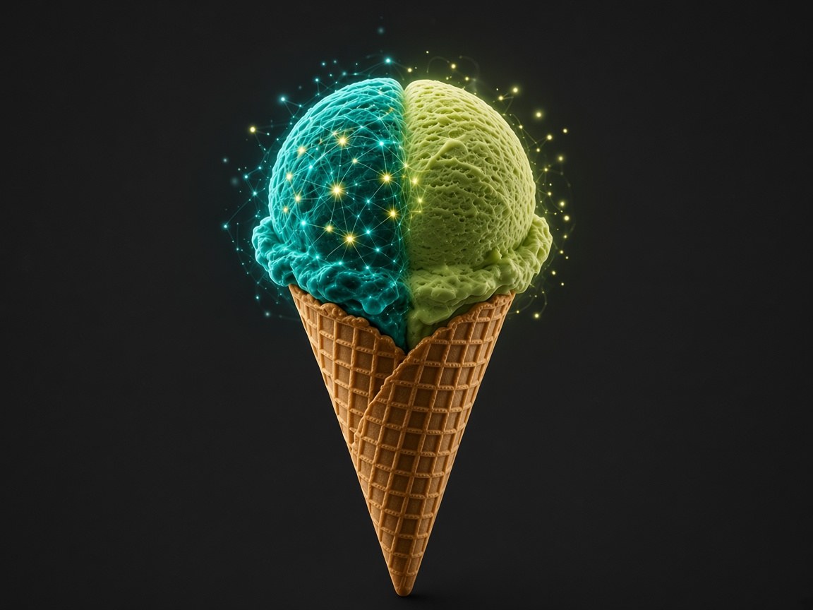 Two selected scoops of ice cream in the foreground in front of a display case with twenty dark flavours