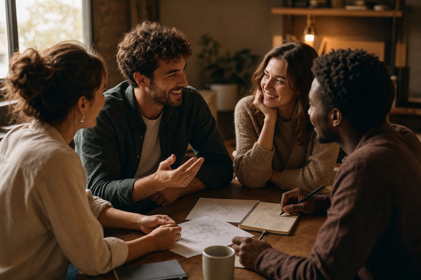 Four people in an open, warm conversation at a table, one of them sketching ideas on paper