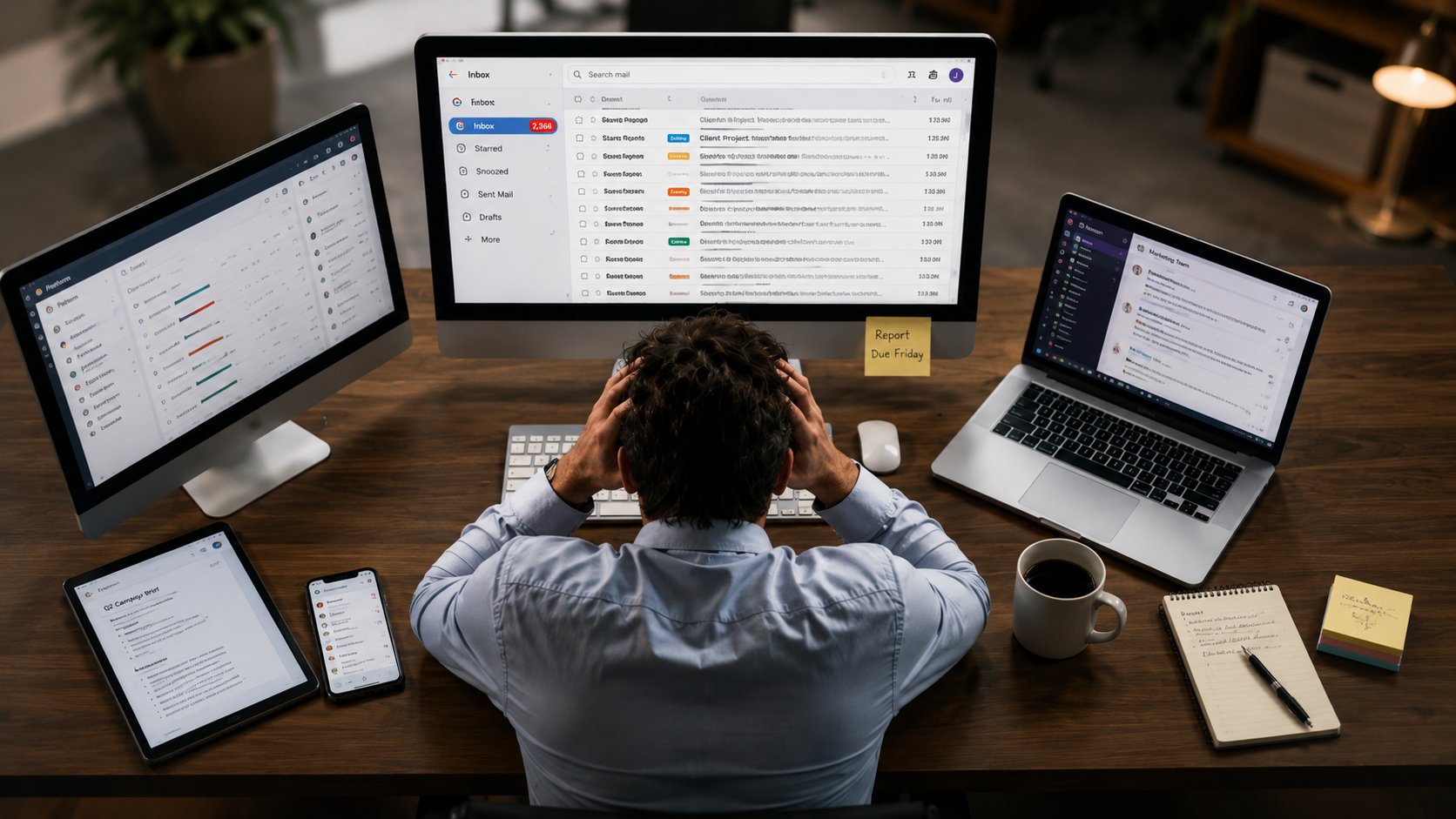 Person at a desk, overwhelmed by emails, screens and notes